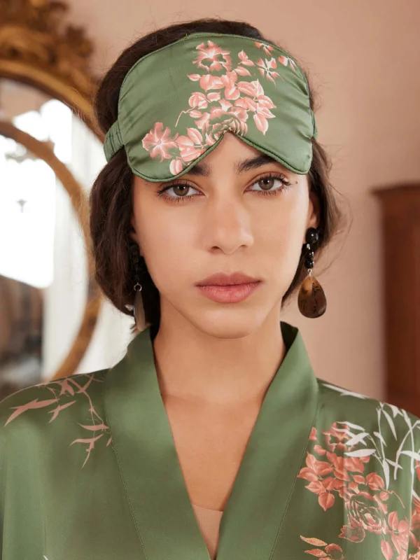 Green Charmeuse Floral Asian Inspired Sleep Mask