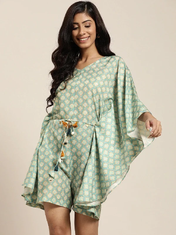 Women's Sea Green Abstract Printed Playsuit Kaftan With Embellished Dori And Tassels - Varanga