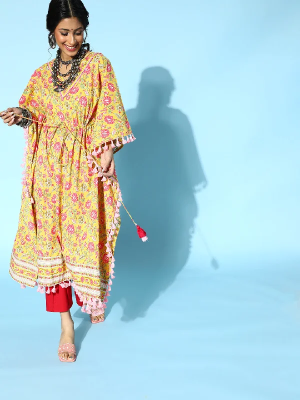 Women's Bright Yellow Cotton Kaftan Kurta - Yufta