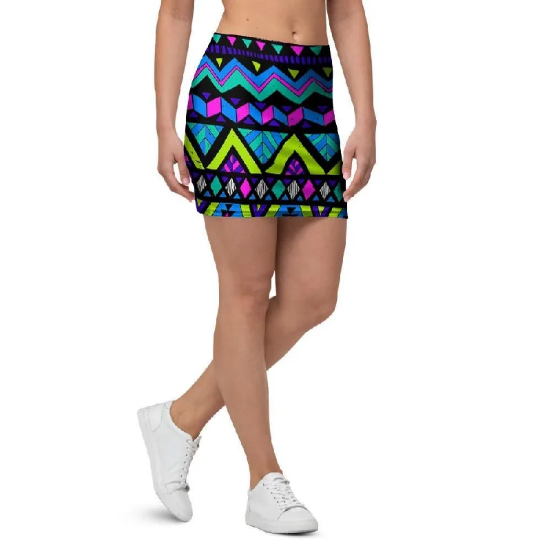 Neon Indian Aztec Doodle Mini Skirt