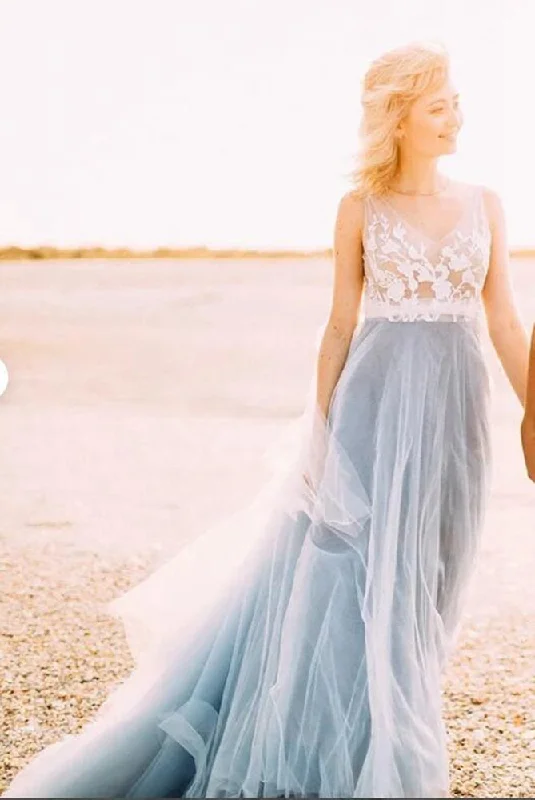 Tulle Beach Wedding Dress For Brides with Lace Top