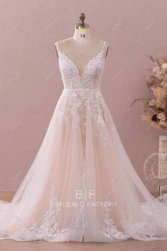 Light Champagne Shimmer Sleeveless Lace Plunging Neck Bridal Dress