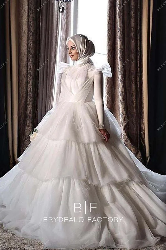 Designer Long Sleeves Tiered Tulle Muslim Ball Gown Bridal Dress