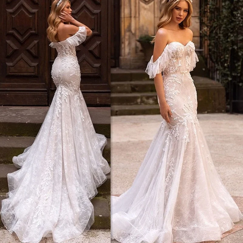 Cinessd Back to school outfit Luxury Cap Sleeves Lace Wedding Dress Mermaid 2022 Sweetheart Tulle Bridal Gown With Train Sexy Backless Bow  Shiny Custom Made