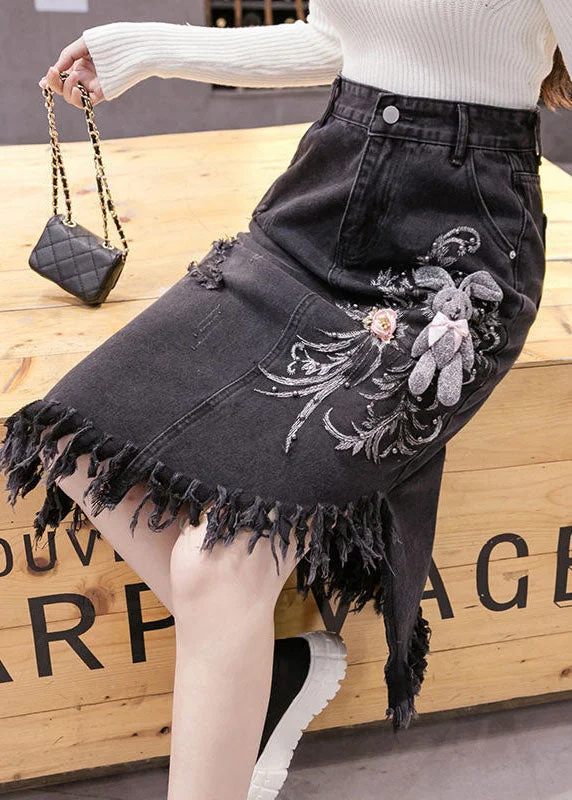 Classy Black Asymmetrical Design Embroideried Tassel Denim Skirts Spring