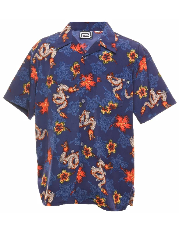 1990s Dragon Design Navy & Orange Shirt - L