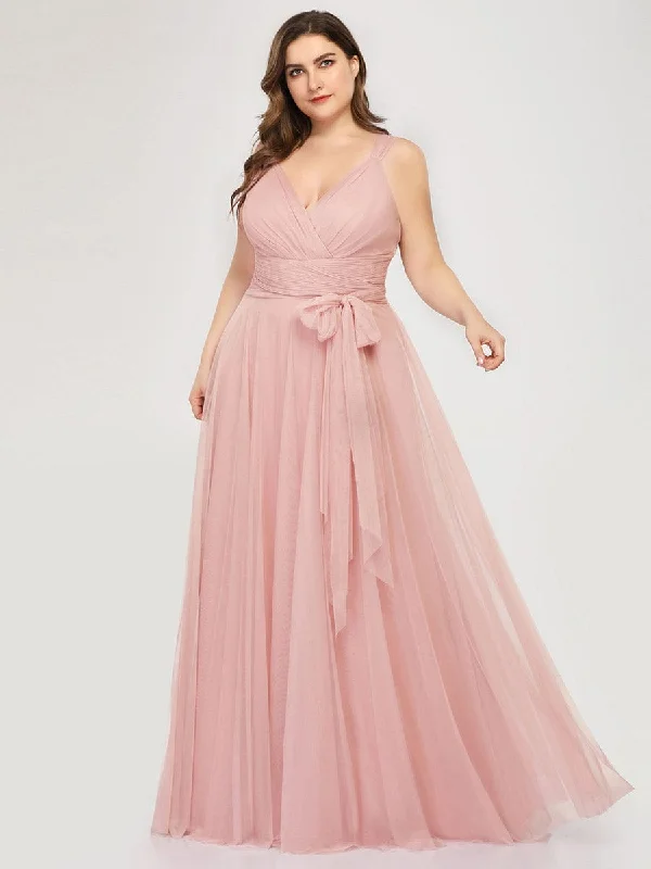 Custom Size Floor Length Double V Neck Tulle Bridesmaid Dresses